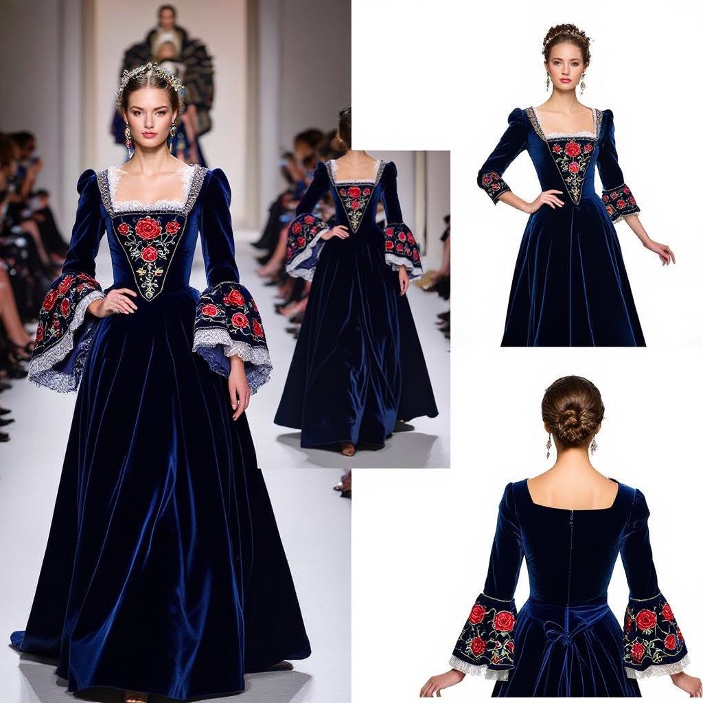 Royal blue dress design with roses
Renaissance fashion: Royal blue velvet dress, fitted bodice, wide sleeves, square neckline, long skirt, with embroidered roses.
