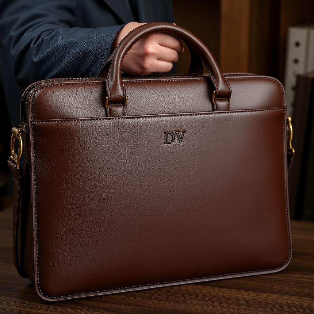 Men’s brown brief case with “DV” on it
Design a sophisticated men's business briefcase in rich chocolate brown leather, featuring subtle yet elegant embossed “DV” initials on the front. Incorporate sleek, minimalistic lines and premium brass hardware, emphasizing functionality and style. The interior should boast organized compartments for gadgets and documents, embodying the perfect blend of professionalism and luxury.