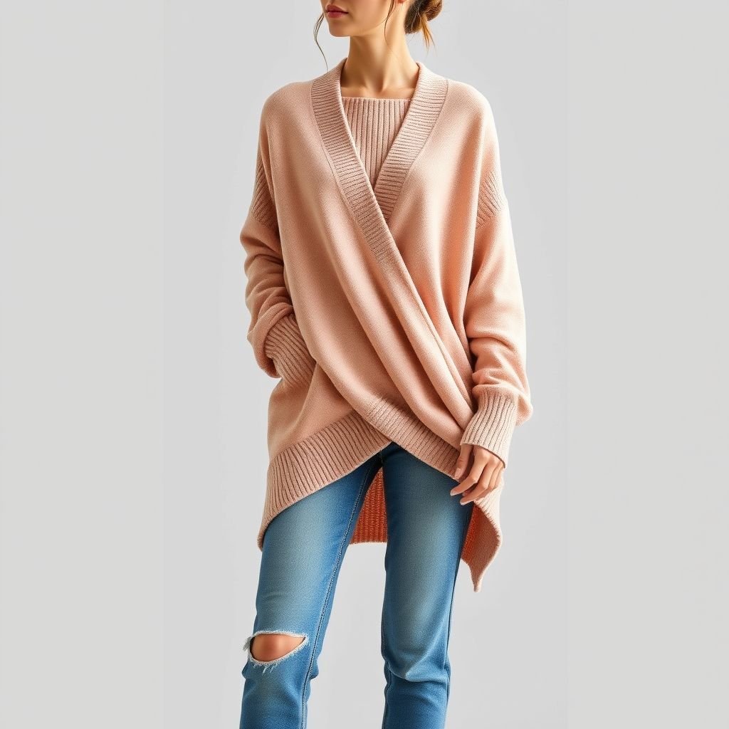 Wrap style sweater
Design a cozy, wrap-style sweater that exudes effortless casual chic. Imagine a soft, oversized silhouette in a muted pastel hue, featuring a unique asymmetric hem and subtle ribbed texture. Pair it with relaxed-fit denim jeans and stylish ankle boots for a laid-back, yet put-together look perfect for everyday wear.