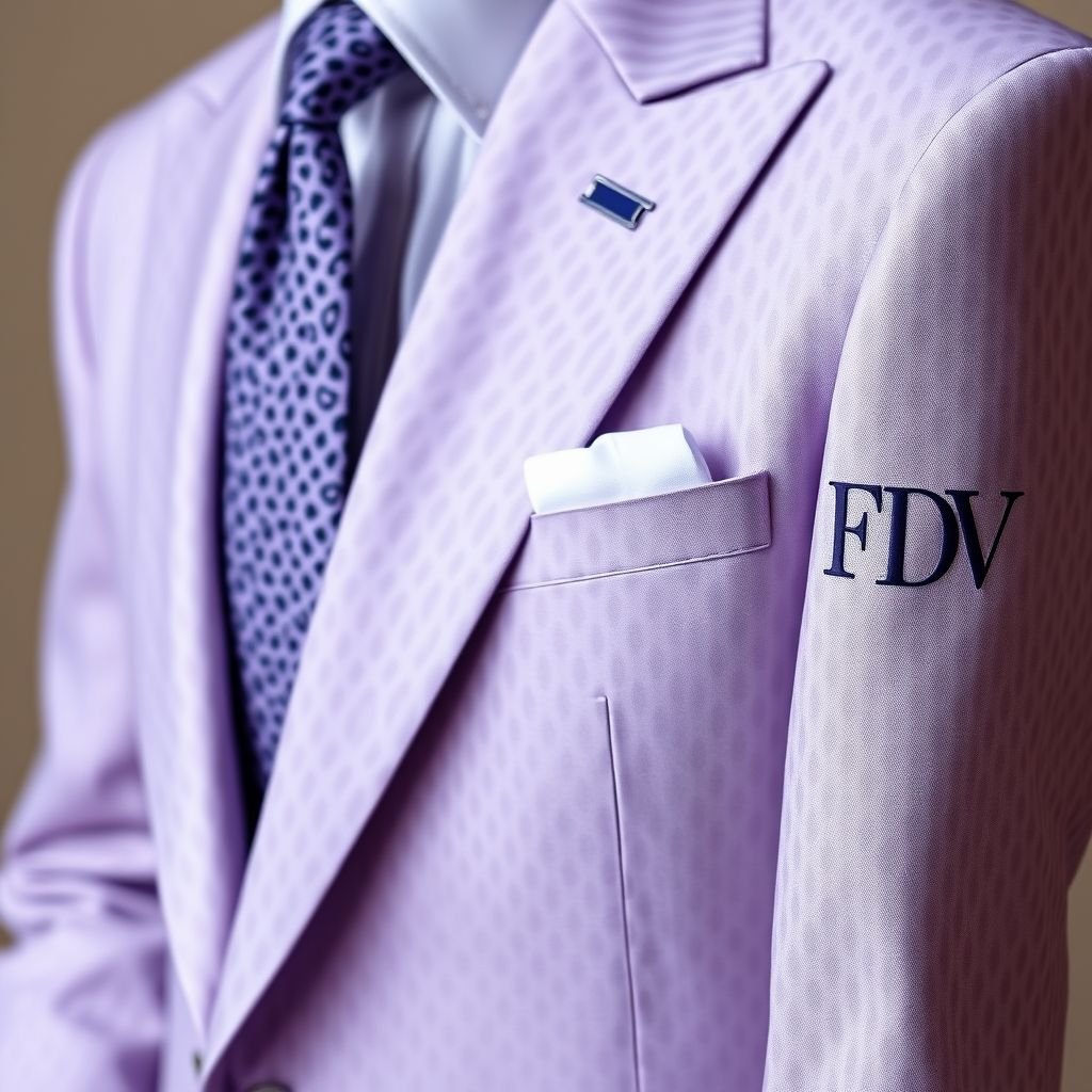 Men’s unique suit, lavender . The suit should have mini leopard print on it. “DV on sleeve in small print. The whole suit should be leopard printed
Design an elegant men's suit in soft lavender, featuring a subtle mini leopard print that exudes sophistication. The tailored silhouette should flow effortlessly, with sharp lapels and a single-button closure. Incorporate an exquisite "DV" monogram delicately embroidered on the sleeve, seamlessly blending luxury with a bold statement. Perfect for a refined evening event.