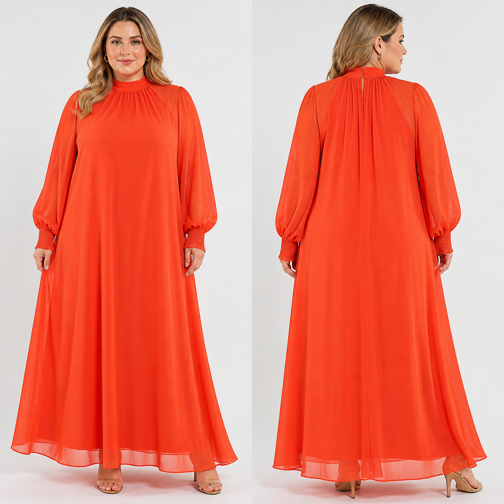 A Female Dress design, made of Chiffon, with a soft, cosy hand, with a Relaxed silhouette, with modest, full coverage: longer hemlines, higher necklines and covered shoulders, in a Bold & Bright color palette, suitable for Summer, suited to a Temperate climate, shown on a model with light skin and a plus-size figure. IQ fashion aesthetics. Present it as professional fashion catalogue photography: the garment is the subject, shown full-length with editorial styling, neutral posing and tasteful, non-suggestive framing.
photorealistic fashion design, A Female Dress design, made of Chiffon, with a soft, cosy hand, with a Relaxed silhouette, with modest, full coverage: longer hemlines, higher necklines and covered shoulders, in a Bold & Bright color palette, suitable for Summer, suited to a Temperate climate, shown on a model with light skin and a plus-size figure. IQ fashion aesthetics. Present it as professional fashion catalogue photography: the garment is the subject, shown full-length with editorial styling, neutral posing and tasteful, non-suggestive framing., just the design no text, show front and back