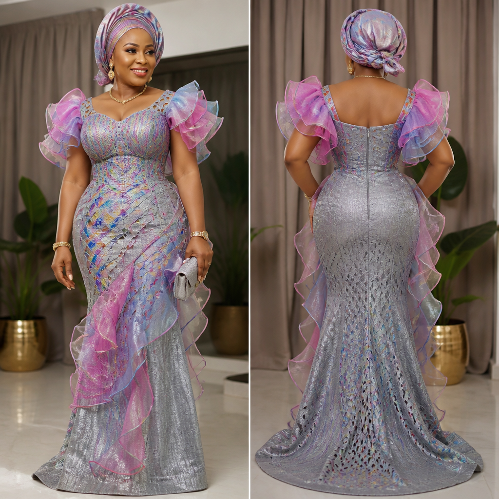 PROMPT
A photorealistic dinner dress for a 50 year old woman to attend a birthday party made from colorful beautiful silver gray aso oke with small holes on it and a touch of colorful organza fabric with beautiful trims that will look gorgeous and fabulous.
photorealistic fashion design, PROMPT
A photorealistic dinner dress for a 50 year old woman to attend a birthday party made from colorful beautiful silver gray aso oke with small holes on it and a touch of colorful organza fabric with beautiful trims that will look gorgeous and fabulous.
, colorful style, just the design no text, show front and back