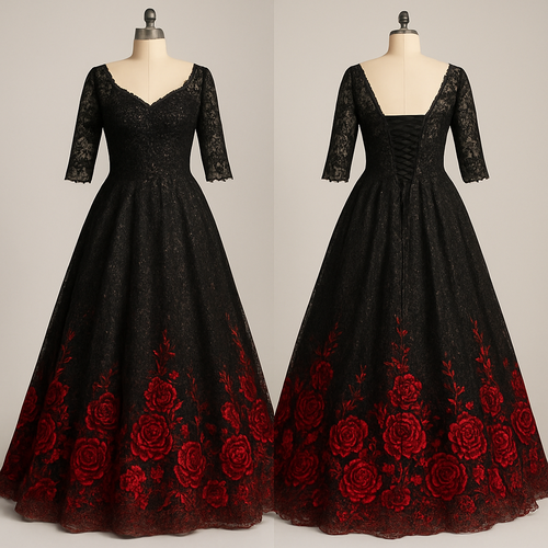 Lace glittery Black A-line 1/3 lace sleeves wedding dress with champagne underlining. Corset back, with embroidered sequin beading on the top. The bottom fades into red with embroidered red sequined roses.