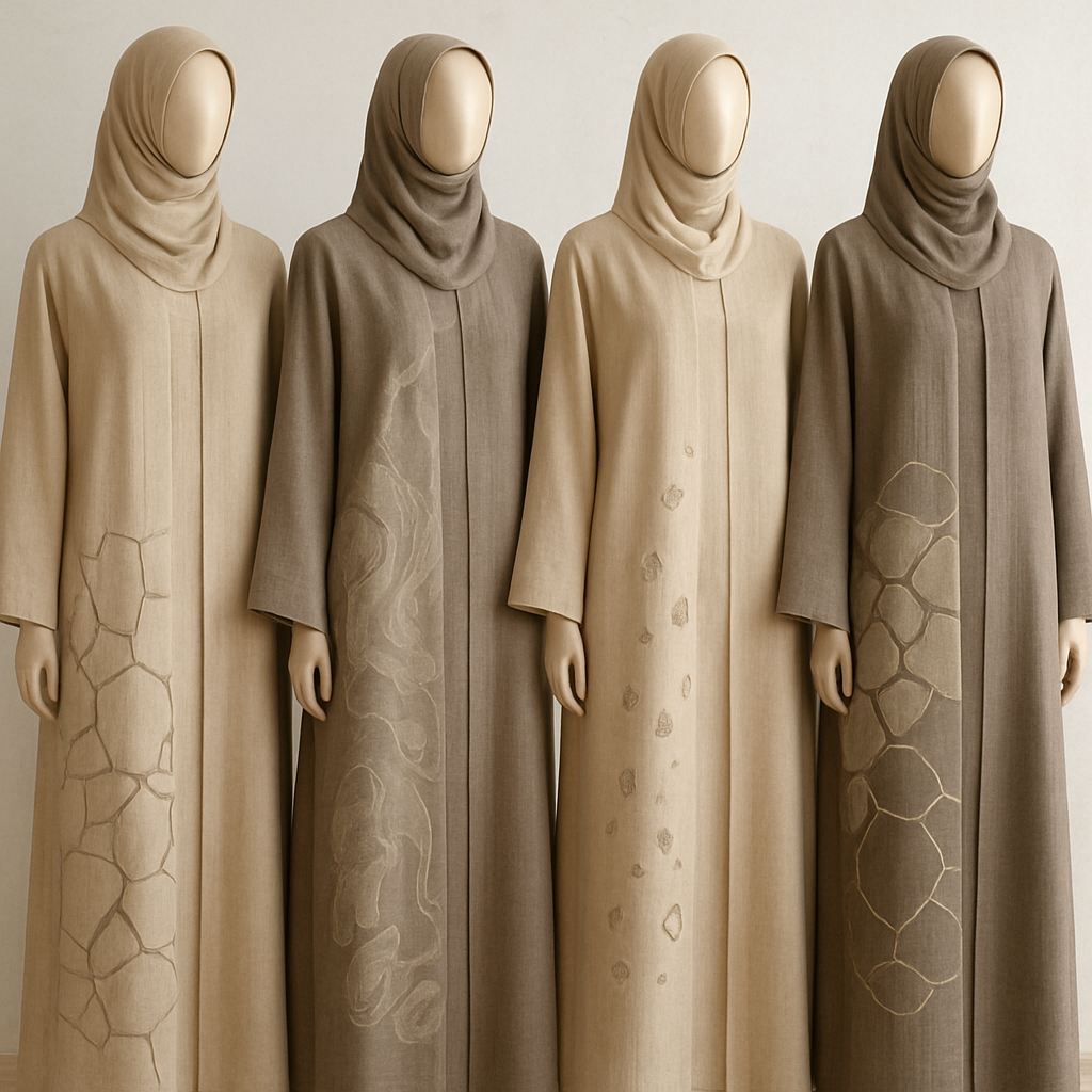 Create a modest two-piece linen abaya, the first of its kind, featuring a unique stone design that exudes a classy and sophisticated vibe. I’d like four designs, each showcasing different styles and fabrics. Incorporate high-end, unique chic stone designs to make them truly special. Add little sophisticated stone designs.

Create a modest two-piece linen abaya, the first of its kind, featuring a unique stone design that exudes a classy and sophisticated vibe. I’d like four designs, each showcasing different styles and fabrics. Incorporate high-end, unique chic stone designs to make them truly special. Add little sophisticated stone designs.