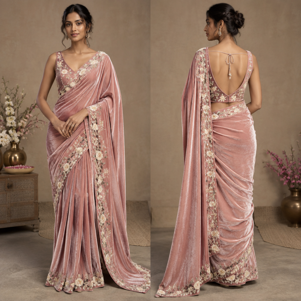 A Female Saree design, made of Velvet, with a sleek, smooth finish, with a Tailored silhouette, styled in layers, in a Pastels color palette, for Party, suitable for Spring, suited to a Tropical climate, in Elegant style, shown on a model with brown skin and a slim figure. Floral pattern Like V shape ok and backless. Nepal fashion aesthetics. Present it as professional fashion catalogue photography: the garment is the subject, shown full-length with editorial styling, neutral posing and tasteful, non-suggestive framing.
photorealistic fashion design, A Female Saree design, made of Velvet, with a sleek, smooth finish, with a Tailored silhouette, styled in layers, in a Pastels color palette, for Party, suitable for Spring, suited to a Tropical climate, in Elegant style, shown on a model with brown skin and a slim figure. Floral pattern Like V shape ok and backless. Nepal fashion aesthetics. Present it as professional fashion catalogue photography: the garment is the subject, shown full-length with editorial styling, neutral posing and tasteful, non-suggestive framing., elegant style, just the design no text