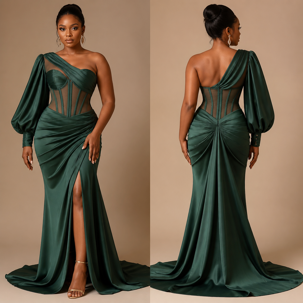 A Female Dress design, made of Silk, with a sleek, smooth finish, with a Tailored silhouette, in a Jewel Tones color palette, for Formal, in Formal + Elegant style, shown on a model with brown skin and a curvy figure. asymmetrical neckline with draped overlay
structured corset bodies with exposed boning
sheer mesh paneling for a sculpted waist
statement bishop sleeves with cuff
drapped wrap skirt with flowy train
back zip + corset for perfect fit. Nigeria fashion aesthetics. Present it as professional fashion catalogue photography: the garment is the subject, shown full-length with editorial styling, neutral posing and tasteful, non-suggestive framing.
photorealistic fashion design, A Female Dress design, made of Silk, with a sleek, smooth finish, with a Tailored silhouette, in a Jewel Tones color palette, for Formal, in Formal + Elegant style, shown on a model with brown skin and a curvy figure. asymmetrical neckline with draped overlay
structured corset bodies with exposed boning
sheer mesh paneling for a sculpted waist
statement bishop sleeves with cuff
drapped wrap skirt with flowy train
back zip + corset for perfect fit. Nigeria fashion aesthetics. Present it as professional fashion catalogue photography: the garment is the subject, shown full-length with editorial styling, neutral posing and tasteful, non-suggestive framing., formal style, just the design no text, show front and back