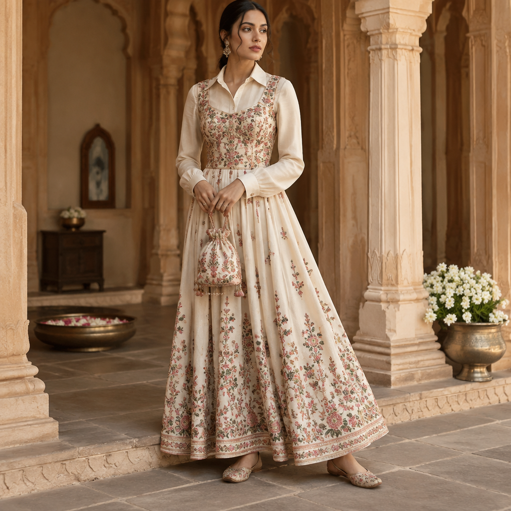 A Dress design, suitable for Fall, in Cultural style. a model is wearing a cream colored shirt and a floral embroidered cream colored long skirt and she wear a corset floral top over the shirt ,she wear Jutti and there is a Potli bag in her hand. India fashion aesthetics. Present it as professional fashion catalogue photography: the garment is the subject, shown full-length with editorial styling, neutral posing and tasteful, non-suggestive framing.
photorealistic fashion design, A Dress design, suitable for Fall, in Cultural style. a model is wearing a cream colored shirt and a floral embroidered cream colored long skirt and she wear a corset floral top over the shirt ,she wear Jutti and there is a Potli bag in her hand. India fashion aesthetics. Present it as professional fashion catalogue photography: the garment is the subject, shown full-length with editorial styling, neutral posing and tasteful, non-suggestive framing., cultural style, just the design no text