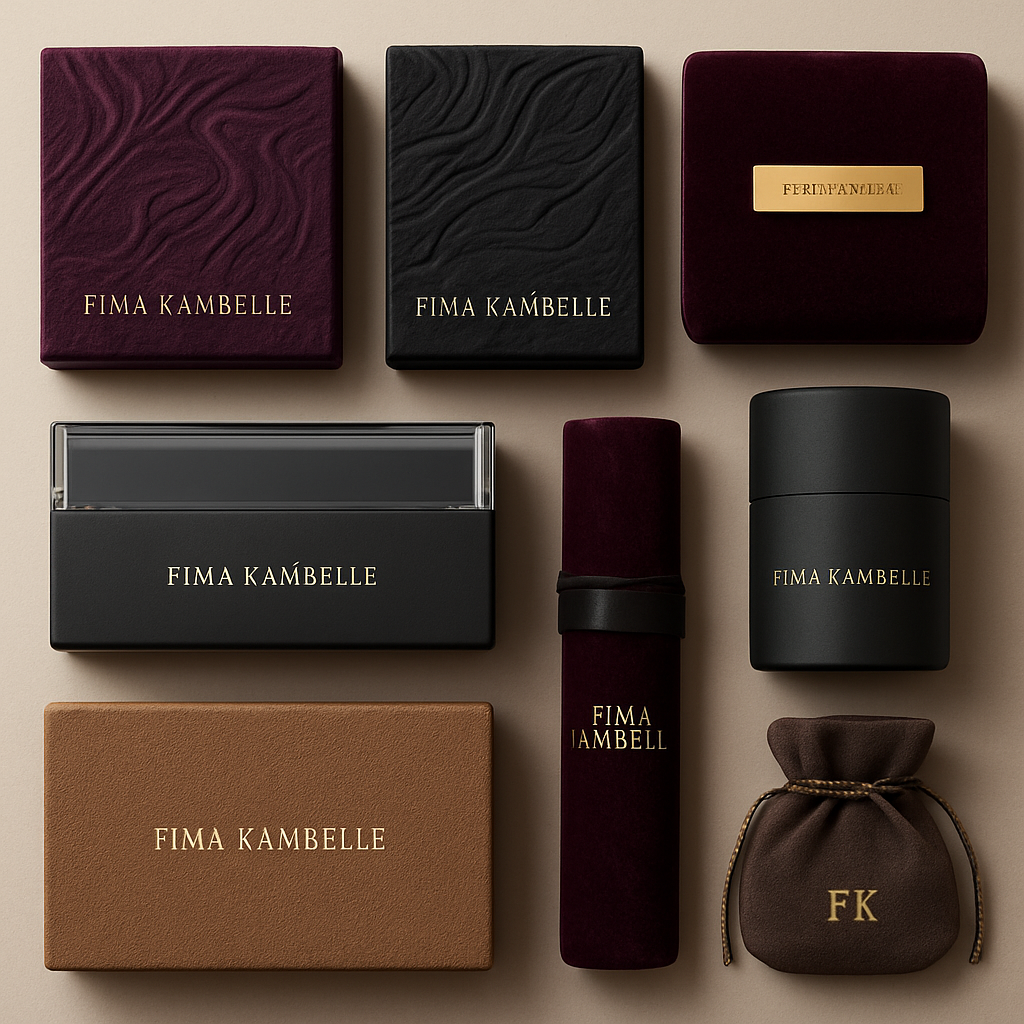 FIMA KAMBELLE clothing brand packaging
1. Sculpted art boxes with carved textures in deep plum or obsidian.
2. Velvet-wrapped cases with gold metal nameplates.
3. Matte boxes with crystal-edge lids for a luxe reveal.
4. Sand-pressed textured boxes in rich, earthy tones.
5. Silk-wrapped scroll tubes for scarves and accessories.
6. Suede pouches with metallic cords and minimal FK branding.
7. Seamless magnetic capsules for a modern, couture feel.
FIMA KAMBELLE clothing brand packaging
1. Sculpted art boxes with carved textures in deep plum or obsidian.
2. Velvet-wrapped cases with gold metal nameplates.
3. Matte boxes with crystal-edge lids for a luxe reveal.
4. Sand-pressed textured boxes in rich, earthy tones.
5. Silk-wrapped scroll tubes for scarves and accessories.
6. Suede pouches with metallic cords and minimal FK branding.
7. Seamless magnetic capsules for a modern, couture feel.
