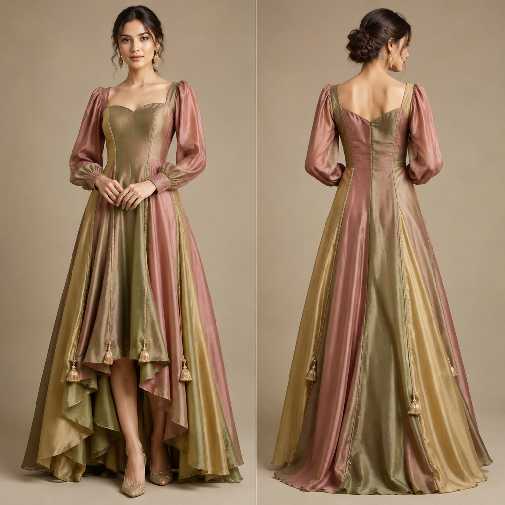 A Female Dress design, made of Silk, with a light, flowing drape, with a Fitted silhouette, with modest, full coverage: longer hemlines, higher necklines and covered shoulders, for Festival, suitable for Fall, suited to a Temperate climate, in Minimalist + Indian + Western style, shown on a model with fair skin and a slim figure. sweetheart neck, puffed sleeves, kali panel high-low skirt, Three different colour fabrics. add additional tinkers. India fashion aesthetics. Present it as professional fashion catalogue photography: the garment is the subject, shown full-length with editorial styling, neutral posing and tasteful, non-suggestive framing.
photorealistic fashion design, A Female Dress design, made of Silk, with a light, flowing drape, with a Fitted silhouette, with modest, full coverage: longer hemlines, higher necklines and covered shoulders, for Festival, suitable for Fall, suited to a Temperate climate, in Minimalist + Indian + Western style, shown on a model with fair skin and a slim figure. sweetheart neck, puffed sleeves, kali panel high-low skirt, Three different colour fabrics. add additional tinkers. India fashion aesthetics. Present it as professional fashion catalogue photography: the garment is the subject, shown full-length with editorial styling, neutral posing and tasteful, non-suggestive framing., minimalist style, just the design no text, show front and back