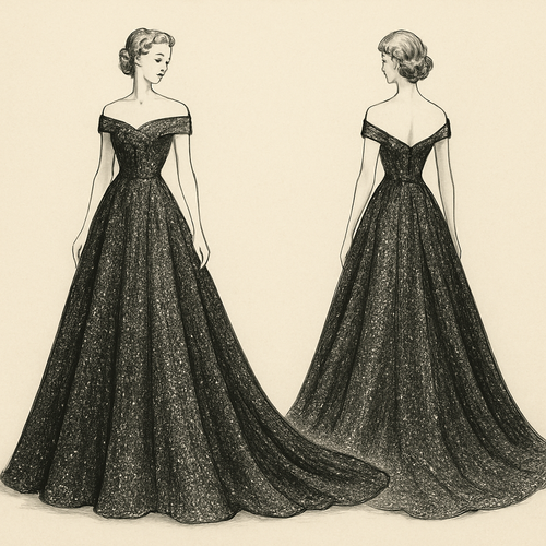 Glittery Black and white A-line off-the-shoulder sleeveless wedding dress with long royal train.