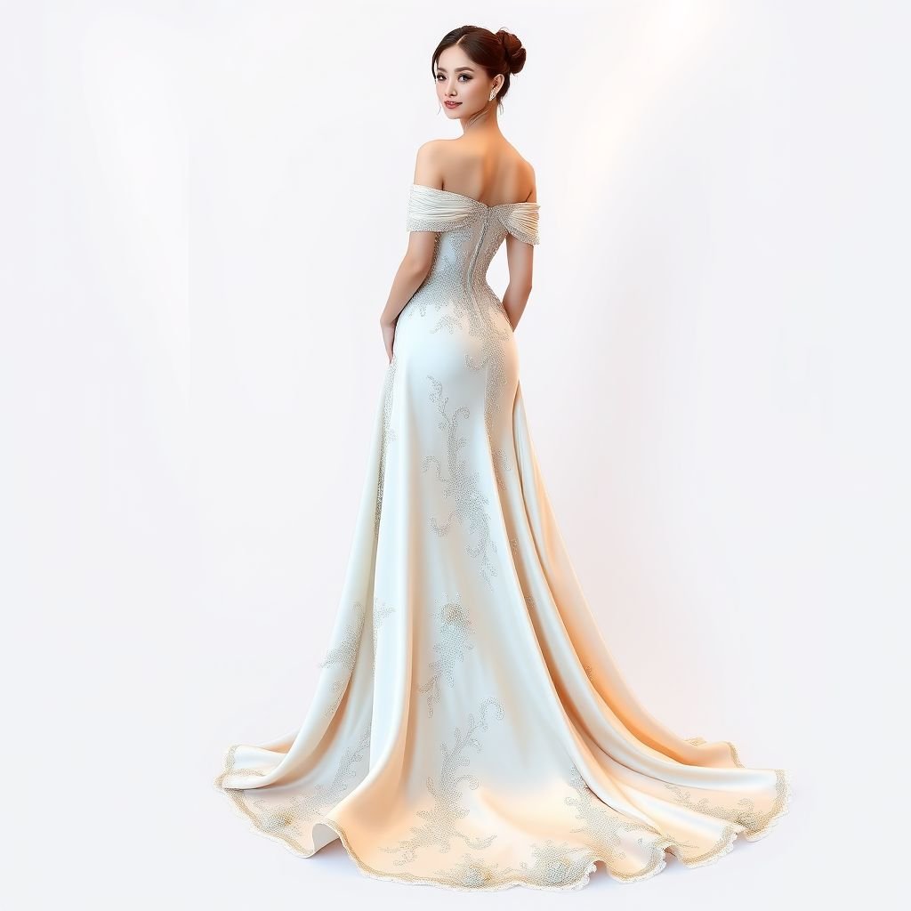 A floor length gown off shoulder design
Design a stunning, floor-length gown featuring a sophisticated off-shoulder silhouette. The fabric cascades in luxurious silk, adorned with delicate lace appliqués and intricate beadwork. The color palette melds soft pastels, evoking elegance. The gown's flowing skirt gracefully enhances movement, while a dramatic train adds an enchanting touch of refinement.