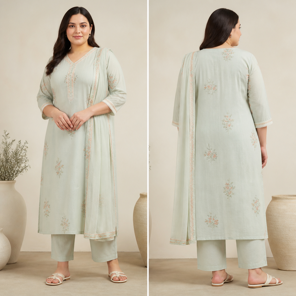 A Female Salwar Kameez design, made of Cotton, with a soft, cosy hand, with a Relaxed silhouette, with modest, full coverage: longer hemlines, higher necklines and covered shoulders, in a Pastels color palette, for Casual, suitable for Summer, suited to a Temperate climate, in Minimalist style, shown on a model with fair skin and a plus-size figure. front v neck back closed neck 3/4 sleeves with simple design. India fashion aesthetics. Present it as professional fashion catalogue photography: the garment is the subject, shown full-length with editorial styling, neutral posing and tasteful, non-suggestive framing.
photorealistic fashion design, A Female Salwar Kameez design, made of Cotton, with a soft, cosy hand, with a Relaxed silhouette, with modest, full coverage: longer hemlines, higher necklines and covered shoulders, in a Pastels color palette, for Casual, suitable for Summer, suited to a Temperate climate, in Minimalist style, shown on a model with fair skin and a plus-size figure. front v neck back closed neck 3/4 sleeves with simple design. India fashion aesthetics. Present it as professional fashion catalogue photography: the garment is the subject, shown full-length with editorial styling, neutral posing and tasteful, non-suggestive framing., minimalist style, just the design no text, show front and back