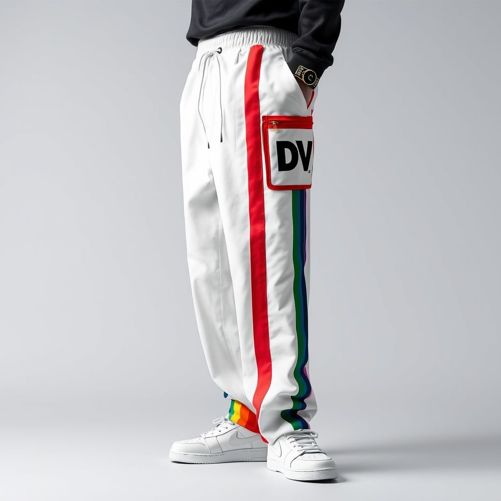 Manfinity EMRG Men Simple Solid Color Spliced Front Tie Casual Straight Leg Pants, Rainbow Strip, Side Opening Design White Pants, Hip Hop Long Baggy Pants, For Husband, Boyfriend Gifts Retro Pants For Menmen's Track Pantsstreet Wear Pantsy2k Pants Meny2k Pants For Men. With DV on pocket
Design a pair of streetwear-inspired, baggy pants for men that blend retro vibes with modern flair. Utilize a solid white base spliced with a rainbow stripe down the sides. Incorporate unique side openings and a front tie for an adjustable fit. Complete the look with a distinctive "DV" logo on the pocket for bold branding. Perfect for urban styling, these pants embody the essence of Y2K street fashion.