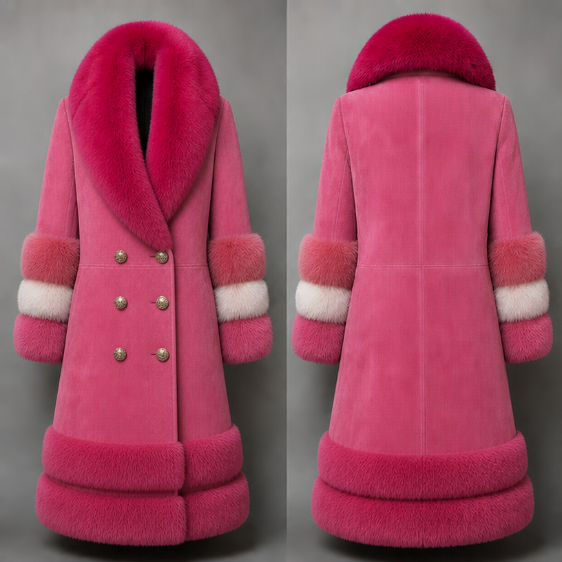 Make this coat double breasted. And add another toe of fur at the bottom of fuschia fox matching the collar
edit the attached fashion design with these instructions: Make this coat double breasted. And add another toe of fur at the bottom of fuschia fox matching the collar. keep it photorealistic, just the design no text