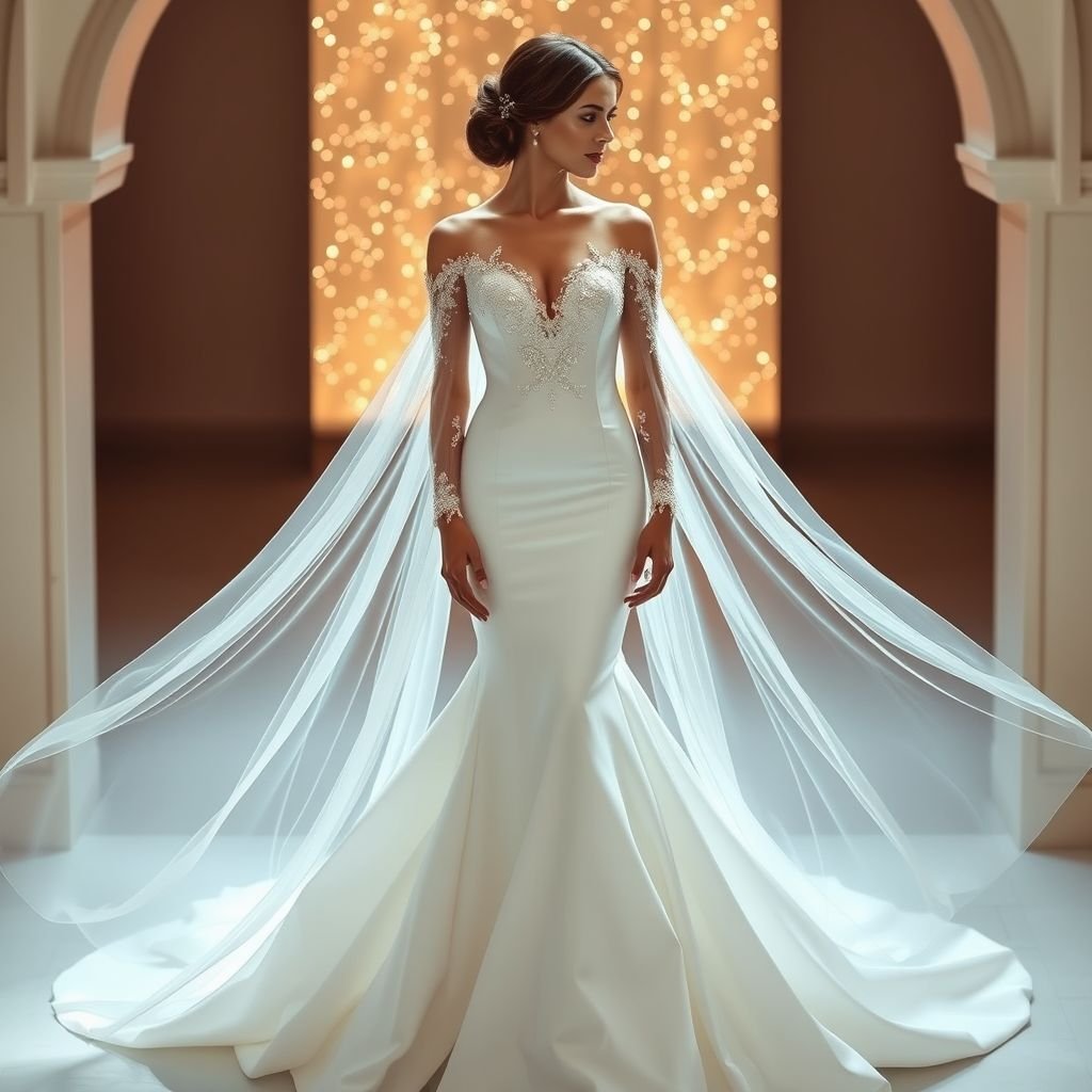 Bridal gown long sleeves with off shoulder hand beaded fit and flare
Envision an ethereal bridal gown featuring long, flowing sleeves that cascade like gentle waterfalls. Off-shoulder elegance showcases delicate, hand-beaded embellishments, twinkling like stars under soft lighting. The fit-and-flare silhouette hugs the body, accentuating curves while billowing dramatically at the hem, exuding romance and sophistication for the modern bride.