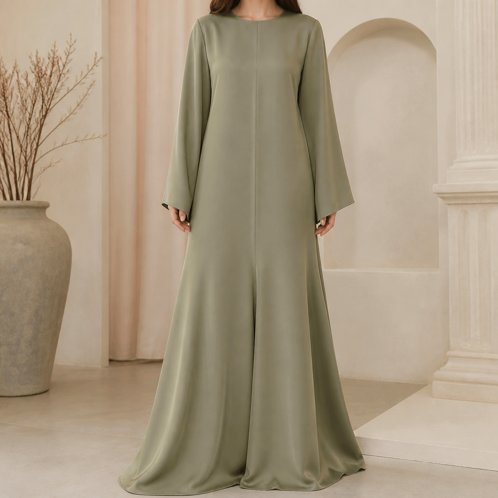 Create an elegant jalabiya design with a soft and classy look. The top part should have a straight rectangular shape, smooth and structured, not tight but gently following the body until the hips. Below the hips, the dress should start to widen with a graceful and balanced flare, creating a flattering feminine silhouette. The cut should be neat, harmonious, and stylish, with a beautiful transition between the upper and lower parts. Keep the design simple, refined, and luxurious, without embroidery, prints, or heavy embellishment. Use soft sophisticated colors like sage green, dusty mauve, taupe, mocha, or creamy beige. The design should feel modern, graceful, and chic.
photorealistic fashion design, Create an elegant jalabiya design with a soft and classy look. The top part should have a straight rectangular shape, smooth and structured, not tight but gently following the body until the hips. Below the hips, the dress should start to widen with a graceful and balanced flare, creating a flattering feminine silhouette. The cut should be neat, harmonious, and stylish, with a beautiful transition between the upper and lower parts. Keep the design simple, refined, and luxurious, without embroidery, prints, or heavy embellishment. Use soft sophisticated colors like sage green, dusty mauve, taupe, mocha, or creamy beige. The design should feel modern, graceful, and chic., softcore style, just the design no text