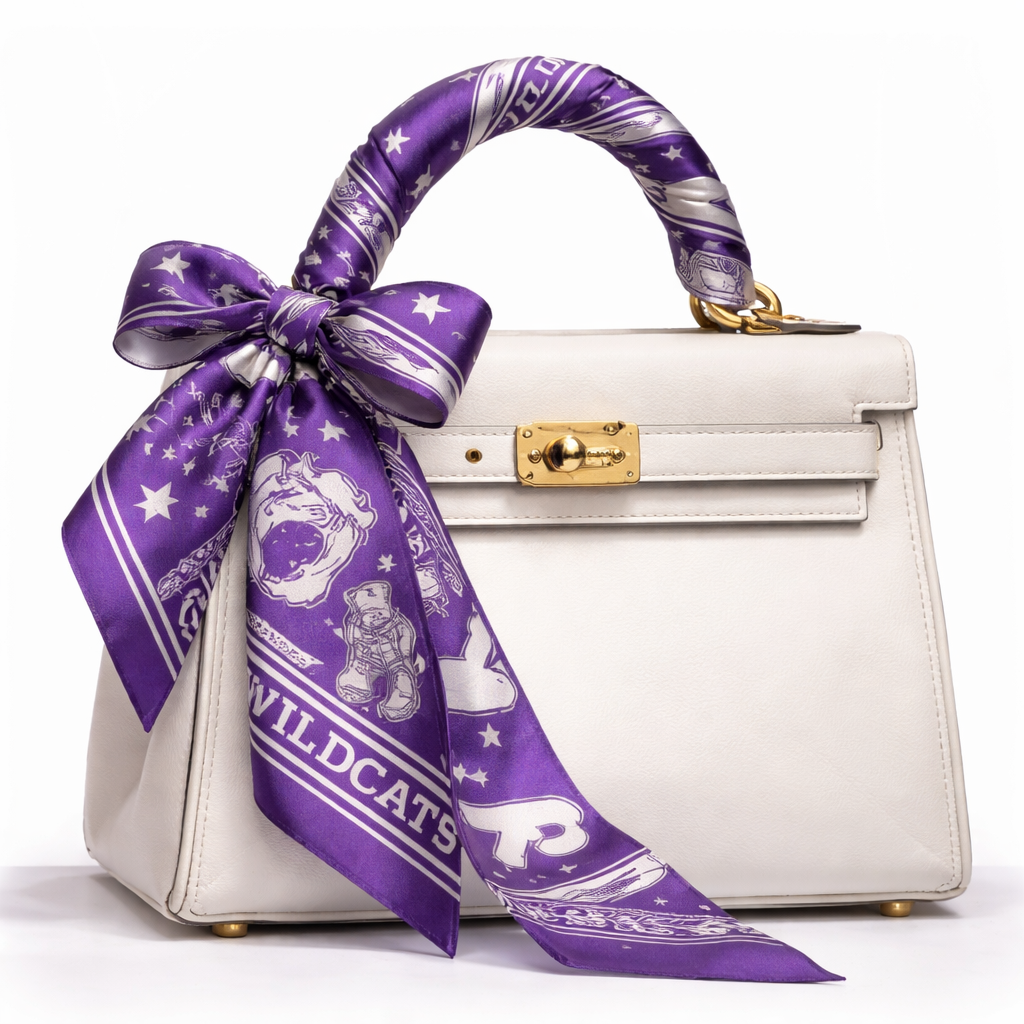 Create a silk scarf that fits the dimensions to wrap around the handle of a small Kelly bag in Kansas state university colors. Keep it classic with a little western but more collegiate
Create a silk scarf that fits the dimensions to wrap around the handle of a small Kelly bag in Kansas state university colors. Keep it classic with a little western but more collegiate