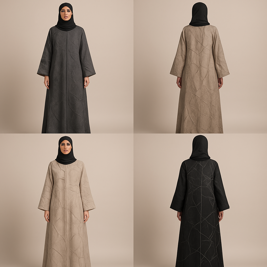 Create a modest abaya that's the first of its kind, featuring a unique stone design that exudes a classy and sophisticated vibe. I'd like four designs, each showcasing different styles and fabrics.
Incorporate high-end, unique chic stone designs to make them truly special. Add a little sophisticated stone work to it.

Create a modest abaya that's the first of its kind, featuring a unique stone design that exudes a classy and sophisticated vibe. I'd like four designs, each showcasing different styles and fabrics.
Incorporate high-end, unique chic stone designs to make them truly special. Add a little sophisticated stone work to it., show front and back