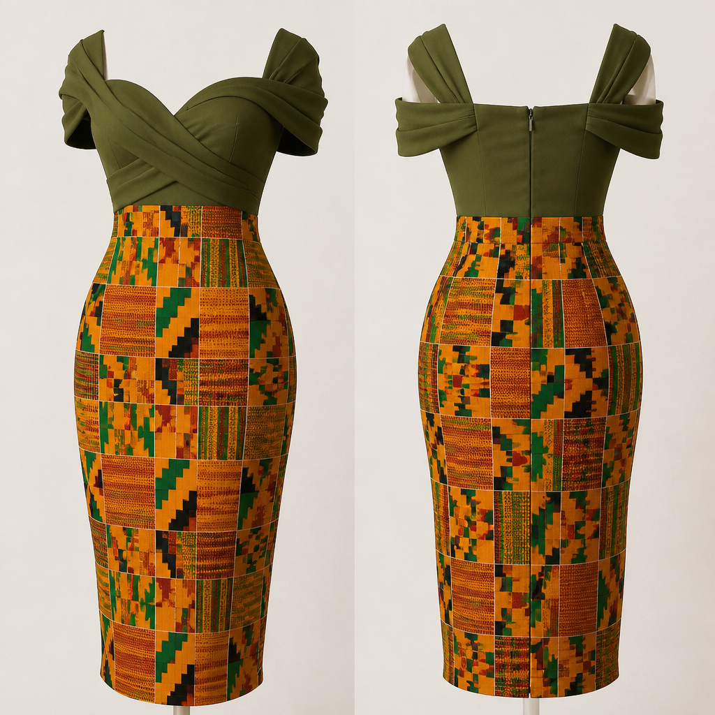 A kente pattern skirt with a plain olive green sweetheart top with a three strand or two strand sleeve feature connected from one end to the other overlapping the top
photorealistic fashion design, A kente pattern skirt with a plain olive green sweetheart top with a three strand or two strand sleeve feature connected from one end to the other overlapping the top , just the design no text, show front and back