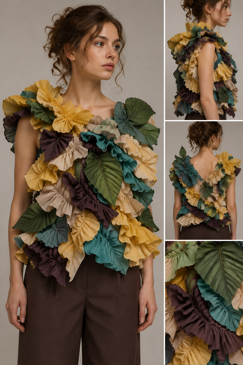 De top moet volledig maakbaar zijn voor een eerstejaars modeopleiding en alleen uit stof bestaan. Gebruik platte stoffen bladeren, ruffles, ruches, geplooide stroken en lagen stof. Geen 3D-objecten, fruit, kralen, opvulling of harde materialen. Maak de basis eenvoudig, maar maak de top “over the top” door veel stoffen details. Gebruik geel, groen, donkergroen, turquoise, beige en bruinpaars. de top moet groot worden en echt extra.
De top moet volledig maakbaar zijn voor een eerstejaars modeopleiding en alleen uit stof bestaan. Gebruik platte stoffen bladeren, ruffles, ruches, geplooide stroken en lagen stof. Geen 3D-objecten, fruit, kralen, opvulling of harde materialen. Maak de basis eenvoudig, maar maak de top “over the top” door veel stoffen details. Gebruik geel, groen, donkergroen, turquoise, beige en bruinpaars. de top moet groot worden en echt extra.