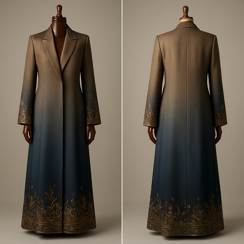
"Desert Nights abaya — full-length elegant women's abaya called 'Desert Nights'. Structured blazer-style lapel collar (clearly like a tailored blazer), extra-long length falling to the ankles to emphasize that it is an abaya. No belt or tie. Replace any hanger — display the garment on a luxurious wooden mannequin (polished dark wood). Fabric: luxurious matte silk with a subtle shimmer, gradient of deep sand to midnight blue. Decorative details: intricate gold embroidery and fine beadwork along the hem and cuffs, delicate desert-inspired motifs. Presentation: studio fashion photography, soft directional lighting, shallow depth of field for close-up detail shots of collar and embroidery, photorealistic, extremely high-detail, neutral uncluttered background. Remove any visible hanger or clips."


، و high sampling).  
-"no hanger, no belt, no text, no logos, avoid unrealistic folds".  
