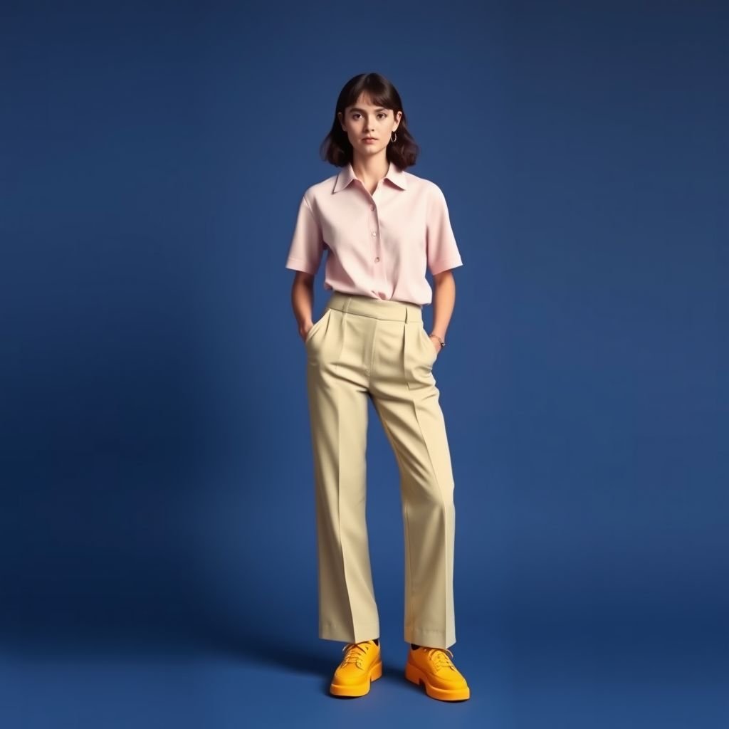 Je veux un polo, bras cassé et un gros pantalon avec des gros ketch en couleur jaune
Imagine a timeless classic ensemble: a tailored polo in soft pastel hues, elegantly fitted with a slightly off-center button placket. Pair it with high-waisted, wide-leg trousers crafted from luxurious wool, perfectly structured for a sophisticated silhouette. Finish the look with bold yellow chunky sneakers, adding a playful twist to classic elegance.
