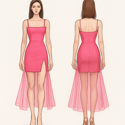 Pink mini body con dress with pink sheer overlay skirt with a thigh slit
