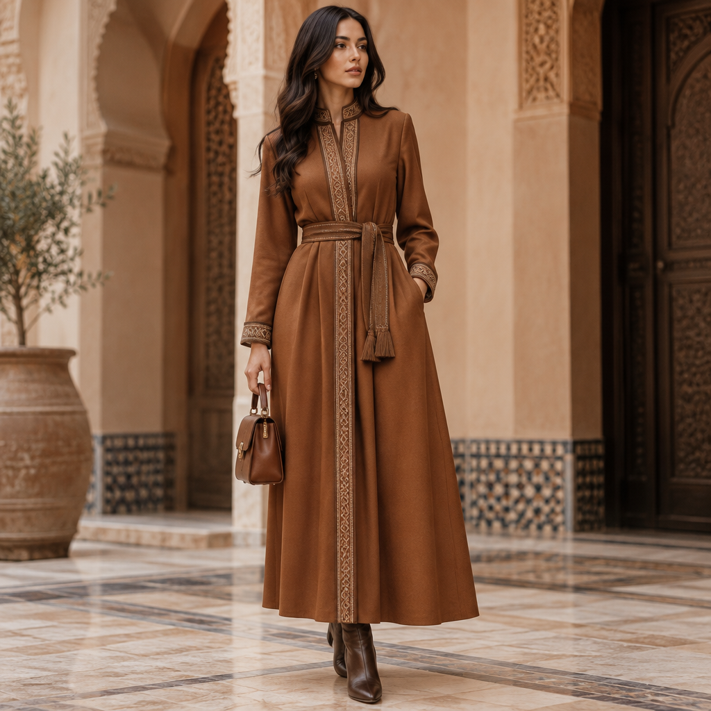 A Female Dress design, suitable for Fall, in Classic style. أود كل شيء ان يكون كلاسيك.. Morocco fashion aesthetics. Present it as professional fashion catalogue photography: the garment is the subject, shown full-length with editorial styling, neutral posing and tasteful, non-suggestive framing.
photorealistic fashion design, A Female Dress design, suitable for Fall, in Classic style. أود كل شيء ان يكون كلاسيك.. Morocco fashion aesthetics. Present it as professional fashion catalogue photography: the garment is the subject, shown full-length with editorial styling, neutral posing and tasteful, non-suggestive framing., classic style, just the design no text