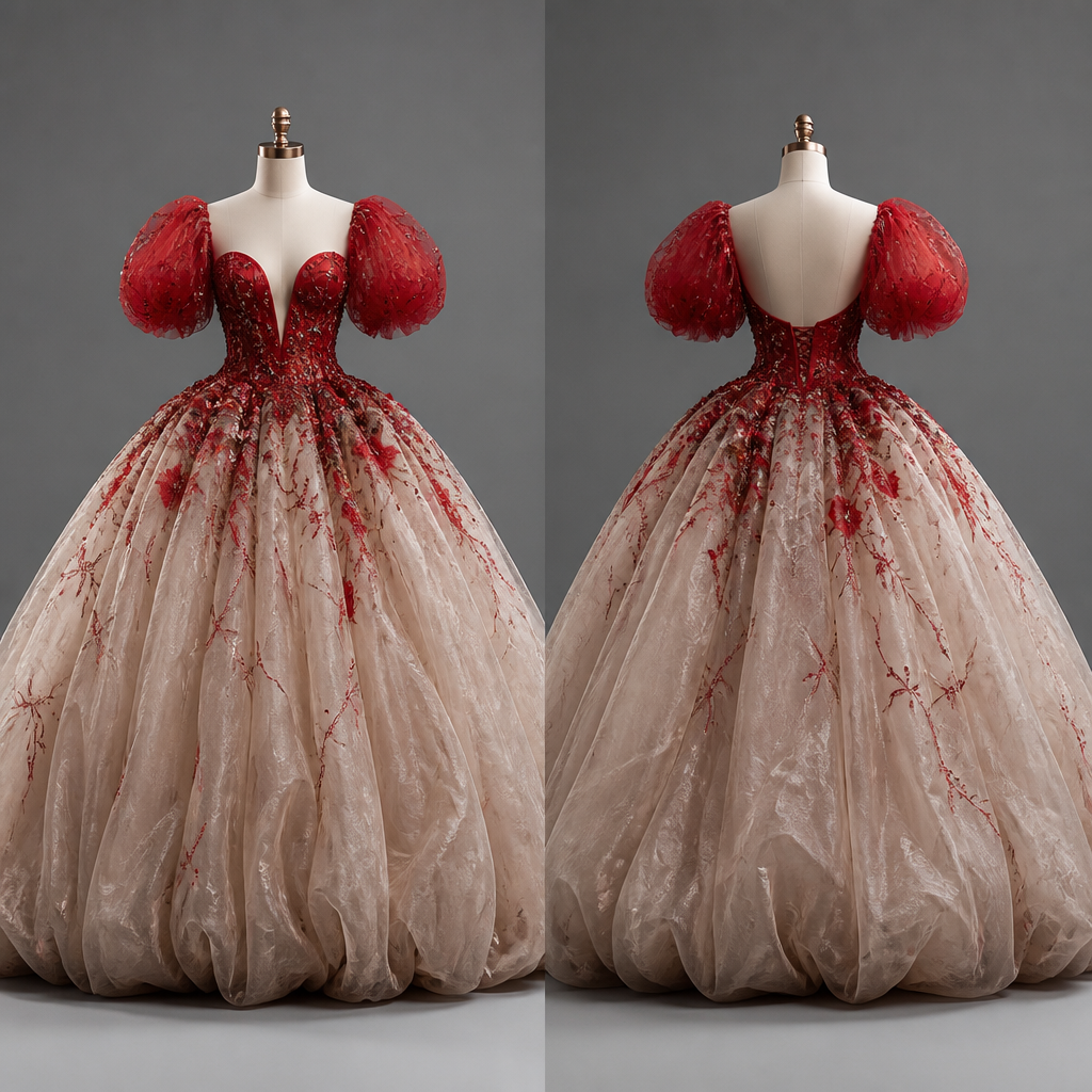Puffy dress with a red top
photorealistic fashion design, Puffy dress with a red top, glamorous style, just the design no text, show front and back