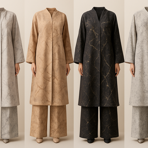 Create a modest abaya and loose pant, first of its kind, featuring a unique stone design that exudes a classy and sophisticated vibe. I'd like four designs, each showcasing different styles and fabrics. Incorporate high-end, unique chic stone designs to make them truly special. Add little sophisticated stone designs. Make it irresistible with designs that stands out.