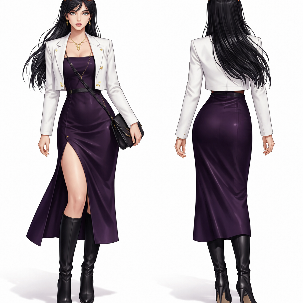 For a sophisticated Nico Robin look that leans into her "archaeologist chic" persona, center the outfit on a sleek, dark violet silk slip dress or a structured midi skirt in deep plum. Layer a tailored white cropped blazer over the top to reference her iconic Miss All Sunday cowboy hat and coat without the literal Western fringe. Elevate the ensemble with pointed-toe stiletto boots in black leather and a pair of orange-tinted sunglasses rested chicly atop your head like a headband. Finish the look with a delicate gold petal-shaped necklace to subtly nod to her Hana Hana no Mi powers, creating a silhouette that feels scholarly, mysterious, and effortlessly high-fashion.
For a sophisticated Nico Robin look that leans into her "archaeologist chic" persona, center the outfit on a sleek, dark violet silk slip dress or a structured midi skirt in deep plum. Layer a tailored white cropped blazer over the top to reference her iconic Miss All Sunday cowboy hat and coat without the literal Western fringe. Elevate the ensemble with pointed-toe stiletto boots in black leather and a pair of orange-tinted sunglasses rested chicly atop your head like a headband. Finish the look with a delicate gold petal-shaped necklace to subtly nod to her Hana Hana no Mi powers, creating a silhouette that feels scholarly, mysterious, and effortlessly high-fashion.
, show front and back