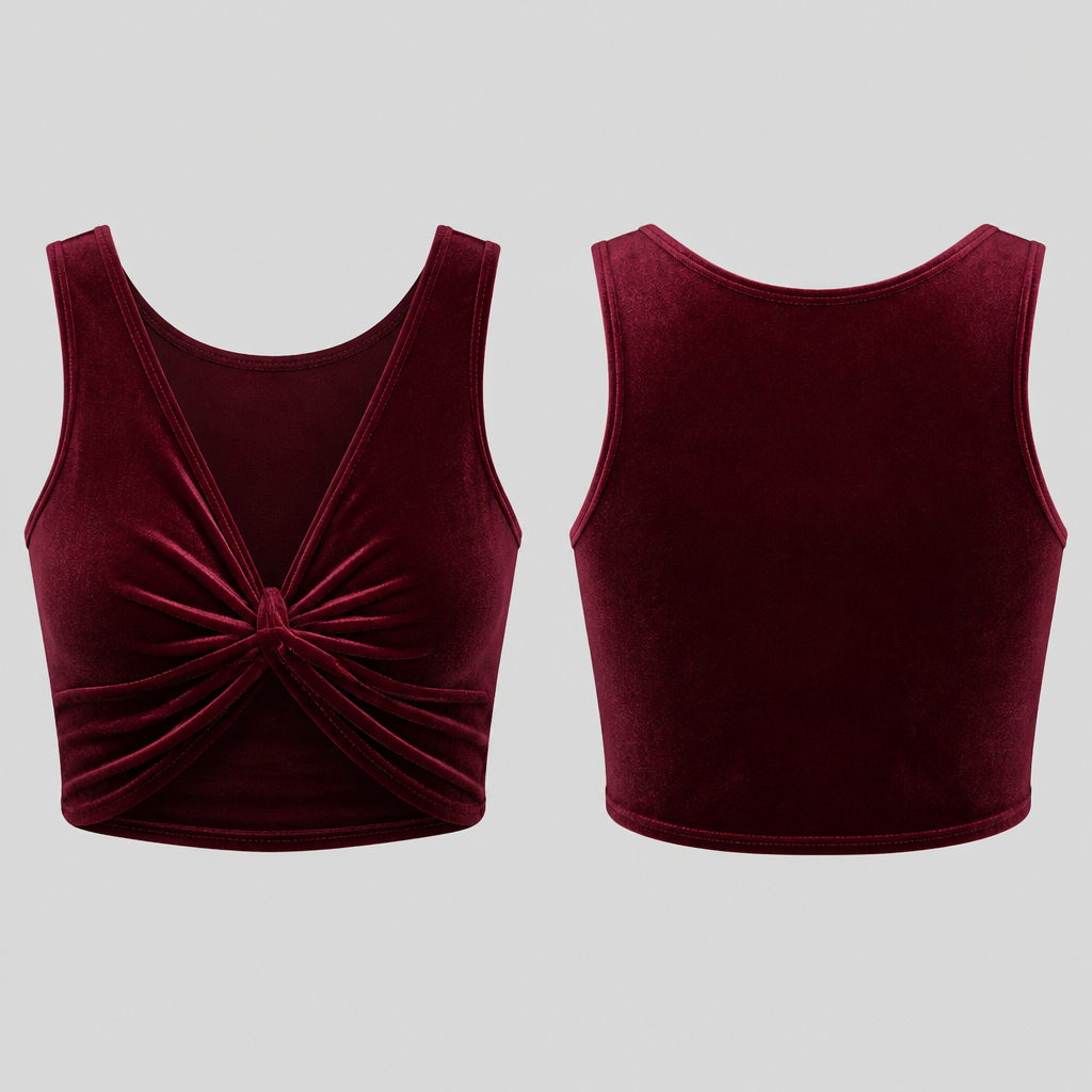 Crop tank top rich burgundy velvet, with the center gathered into a knot
photorealistic fashion design, Crop tank top rich burgundy velvet, with the center gathered into a knot, just the design no text, show front and back