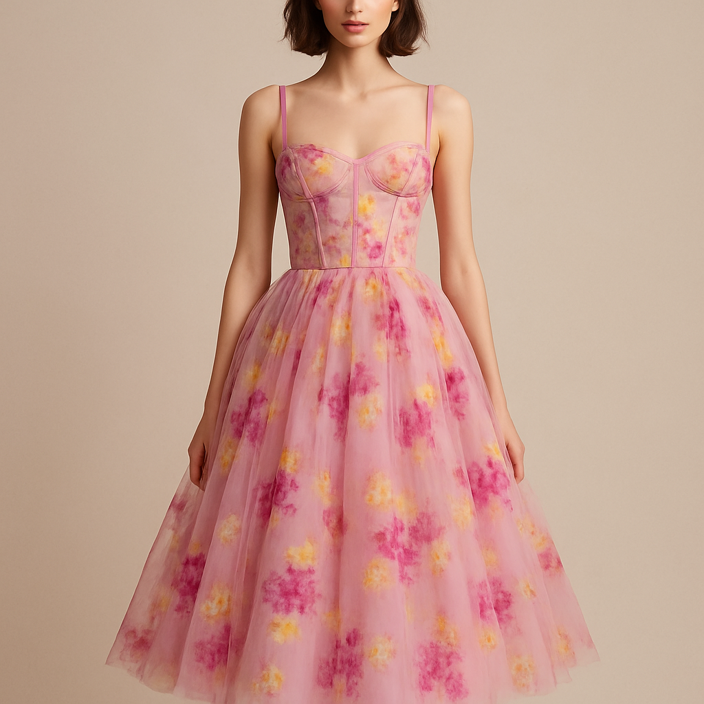 A model wearing a powder pink and magenta with yellow floral print tulle midi dress. Top is a strapless corset and bottom is a puffy tulle circle skirt. Silk straps cover each shoulder
A model wearing a powder pink and magenta with yellow floral print tulle midi dress. Top is a strapless corset and bottom is a puffy tulle circle skirt. Silk straps cover each shoulder