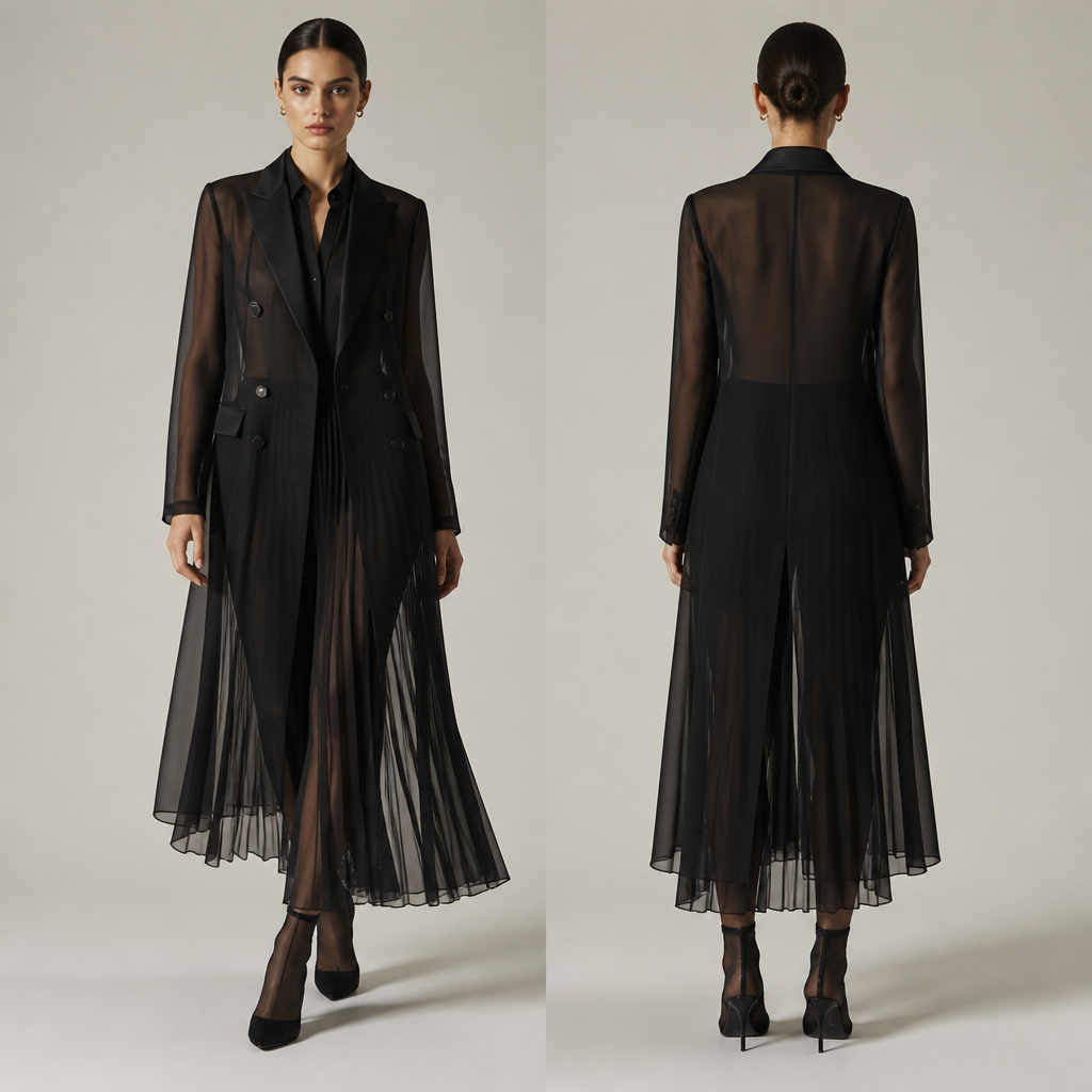 Women’s sheer double breasted long blazer with a matching long pleated shirt in black . Black sheer booties
photorealistic fashion design, Women’s sheer double breasted long blazer with a matching long pleated shirt in black . Black sheer booties , elegant style, just the design no text, show front and back