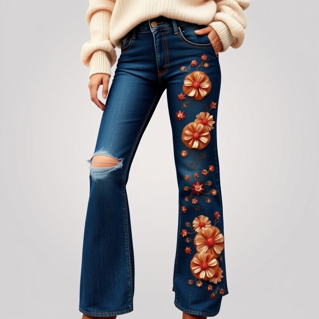 Embellished Jeans
Design a pair of high-waisted, distressed jeans adorned with intricate floral embroidery cascading down one leg. Incorporate shimmering sequins and copper-toned beads that catch the light, complementing the denim's deep indigo hue. Pair with an oversized, pastel-hued sweater and ankle boots for a trendy, bohemian chic look perfect for autumn outings.