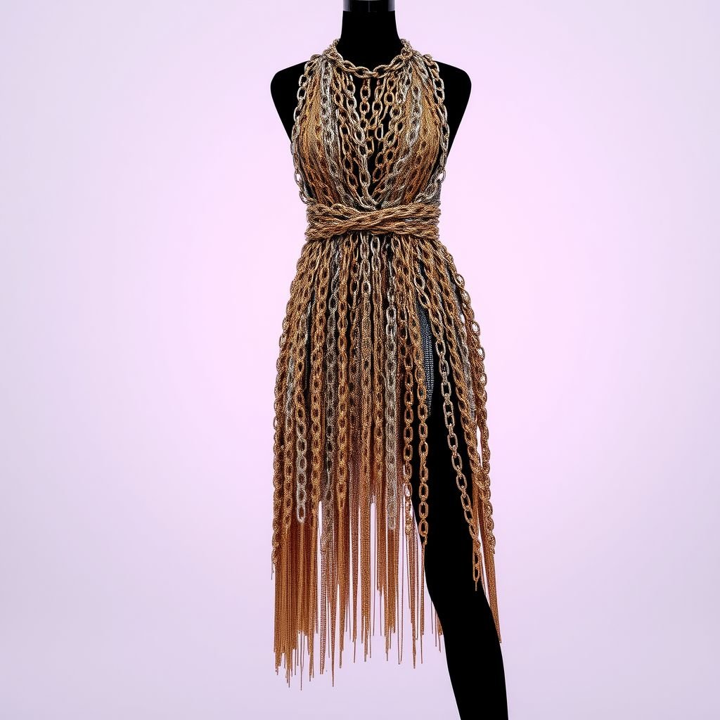 A beautiful chain dress design
Envision a stunning chain dress that cascades in iridescent layers, seamlessly blending metallic hues of gold, silver, and rose. The silhouette features intricate link patterns that drape elegantly, with soft fringe accents adding movement. Pair it with bold, geometric jewelry and strappy heels for a mesmerizing evening look that radiates modern glamour.