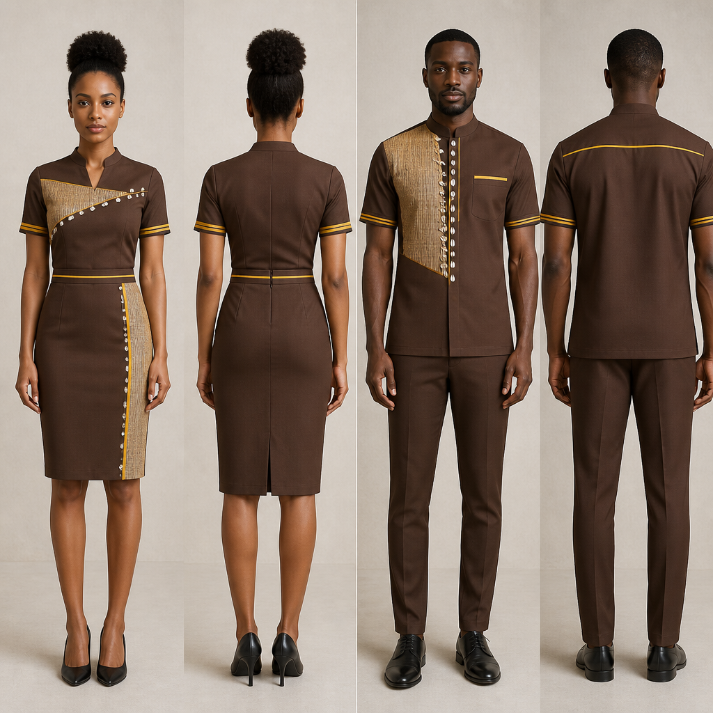 Ensemble jupe droite et haut pour hôtesse restaurant , couleur du vêtement marron avec un design tissu en paille et cauris sur le vêtement, et des petits traits jaune moutarde sur la jupe et sur les manches. De même pour l’homme chemise et pantalon
photorealistic fashion design, Ensemble jupe droite et haut pour hôtesse restaurant , couleur du vêtement marron avec un design tissu en paille et cauris sur le vêtement, et des petits traits jaune moutarde sur la jupe et sur les manches. De même pour l’homme chemise et pantalon , uniform style, just the design no text, show front and back