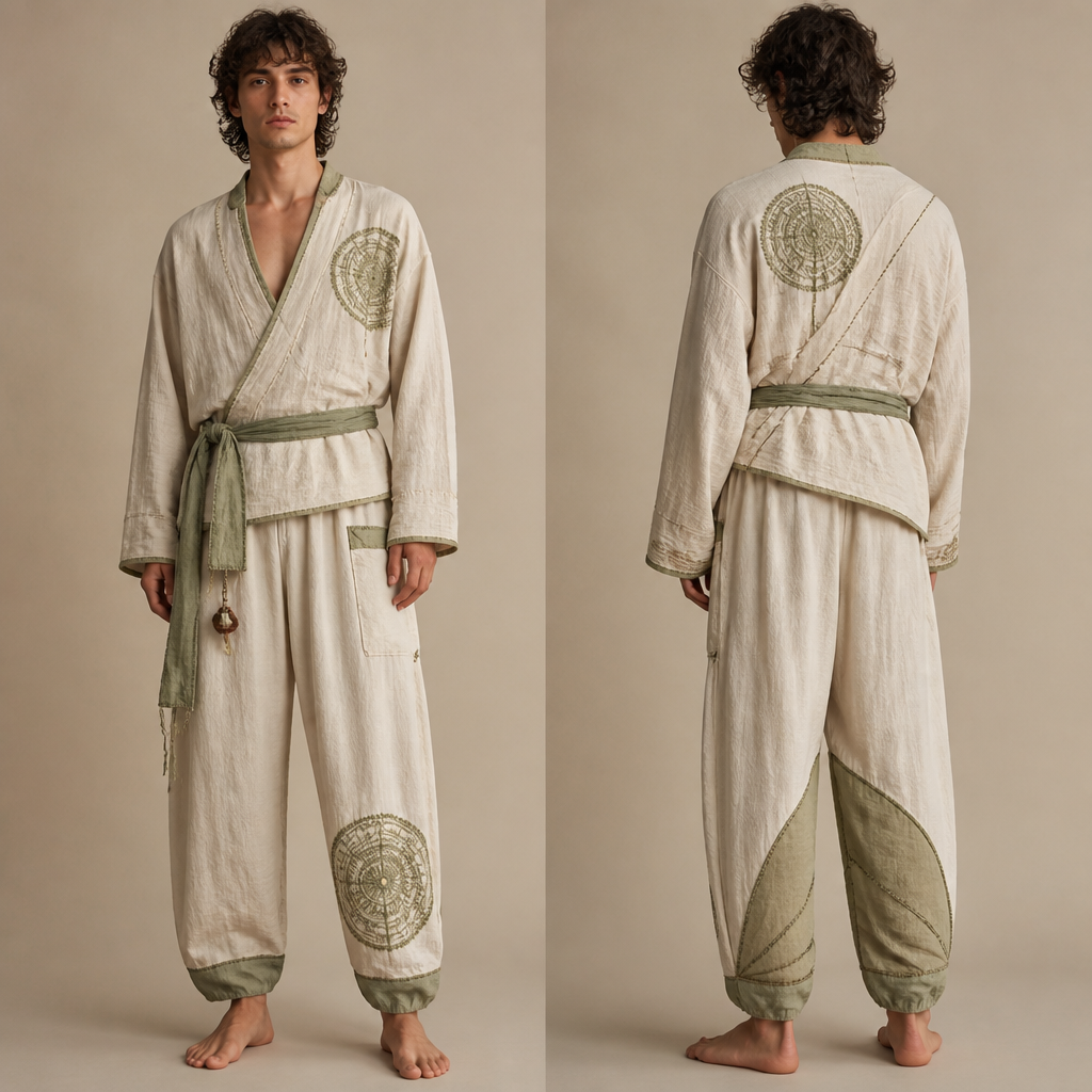 Solarpunk, sleeping male clothes
photorealistic fashion design, Solarpunk, sleeping male clothes , bohemian style, just the design no text, show front and back