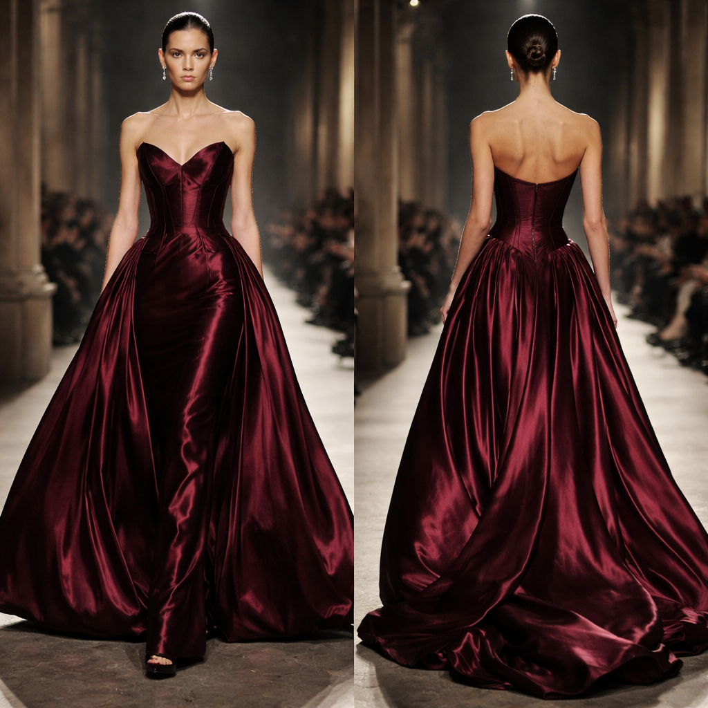 high-fashion haute couture strapless gown in deep wine/burgundy satin, sculpted corset bodice with sharp, architectural seams and a dramatic pointed neckline. The dress hugs the waist tightly and flares into an exaggerated, flowing bubble skirt with soft pleated movement, creating a sense of motion as the model walks. Luxurious glossy fabric with rich light reflections, elegant and powerful silhouette. Runway setting inside a grand classical hall with stone columns, soft cinematic lighting, couture fashion show atmosphere, minimalist accessories, sleek hair pulled back, editorial fashion photography, ultra-detailed, 4k, realistic, high contrast.
high-fashion haute couture strapless gown in deep wine/burgundy satin, sculpted corset bodice with sharp, architectural seams and a dramatic pointed neckline. The dress hugs the waist tightly and flares into an exaggerated, flowing bubble skirt with soft pleated movement, creating a sense of motion as the model walks. Luxurious glossy fabric with rich light reflections, elegant and powerful silhouette. Runway setting inside a grand classical hall with stone columns, soft cinematic lighting, couture fashion show atmosphere, minimalist accessories, sleek hair pulled back, editorial fashion photography, ultra-detailed, 4k, realistic, high contrast., show front and back
