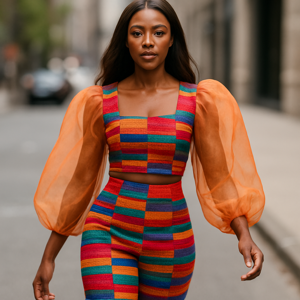 Create a colorful aso oke with some hues top and pant with an organza chiffon sleeves that look fabulous one of a kind and trendy on a real human brown skin tone walking down the street.
Create a colorful aso oke with some hues top and pant with an organza chiffon sleeves that look fabulous one of a kind and trendy on a real human brown skin tone walking down the street., streetwear style