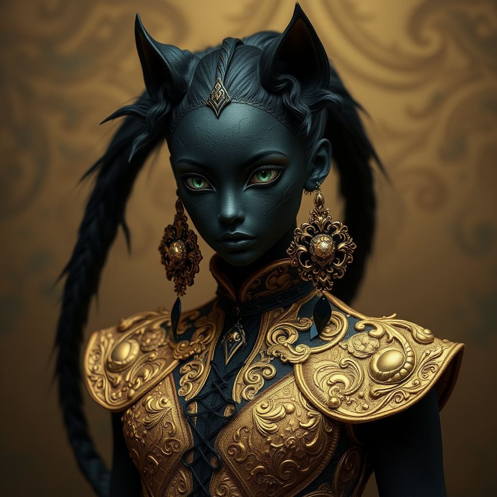 Create a black-skinned model, with a long tail and green eyes, using a golden baroque brocade corset and super-large baroque-style earrings.
Design a striking gothic ensemble featuring a black-skinned model with a dramatic long tail and mesmerizing green eyes. Adorn her in a luxurious golden baroque brocade corset, intricately detailed to capture the essence of decadence. Complete the look with oversized baroque-style earrings, emphasizing opulence and dark romance in true gothic fashion.