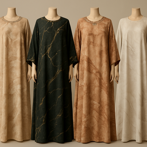 Create a modest boubou, the first of its kind, featuring a unique stone design that exudes a classy and sophisticated vibe. I'd like four designs, each showcasing different styles and fabrics. Incorporate high-end, unique chic stone designs to make them truly special. Add little sophisticated stone designs.