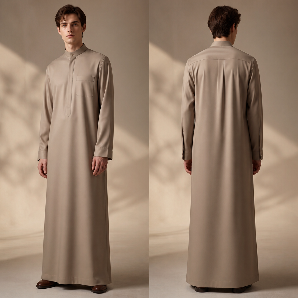A Thobe design, made of Silk, with a soft, cosy hand, in an Earth Tones color palette, suitable for Spring, suited to a Temperate climate, shown on a model with fair skin. IQ fashion aesthetics. Present it as professional fashion catalogue photography: the garment is the subject, shown full-length with editorial styling, neutral posing and tasteful, non-suggestive framing.
photorealistic fashion design, A Thobe design, made of Silk, with a soft, cosy hand, in an Earth Tones color palette, suitable for Spring, suited to a Temperate climate, shown on a model with fair skin. IQ fashion aesthetics. Present it as professional fashion catalogue photography: the garment is the subject, shown full-length with editorial styling, neutral posing and tasteful, non-suggestive framing., just the design no text, show front and back
