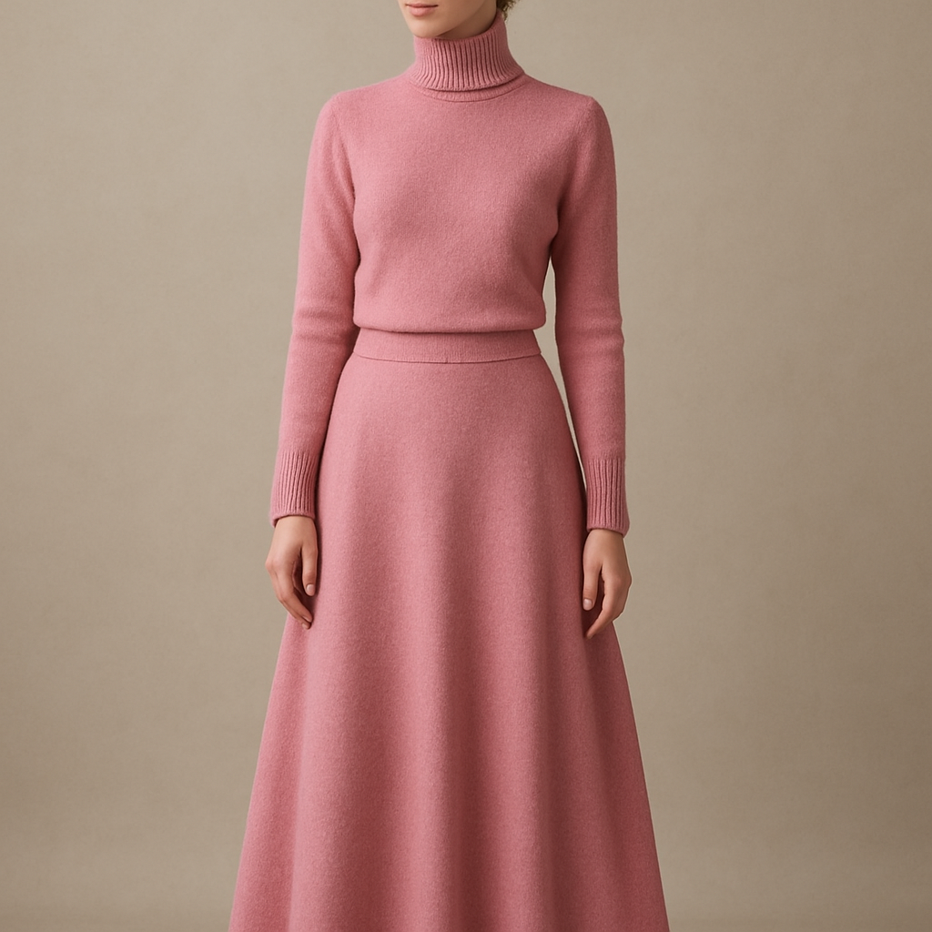 A young female wearing a turtleneck pink wool sweater and an a line pink wool maxi skirt
A young female wearing a turtleneck pink wool sweater and an a line pink wool maxi skirt , classic style