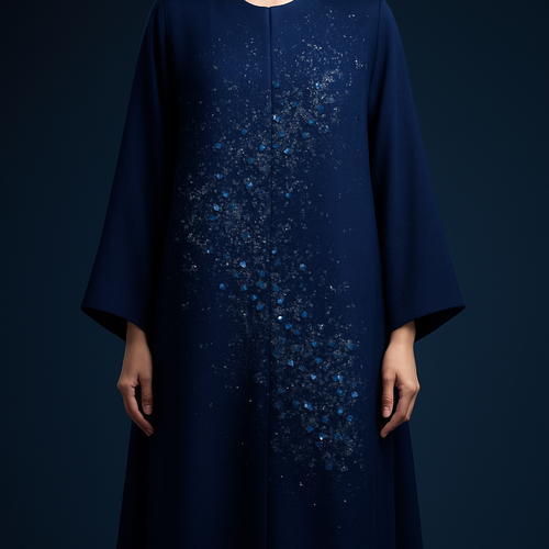 The Sapphire Mist Abaya
Tone: Deep sapphire navy
Design:
A mist-like arrangement of tiny florals blending into stone clusters across the torso.
Embellishment:
Sapphire stones mixed with silver crystals.
Vibe: Elegant, serene, like a luxury night sky.