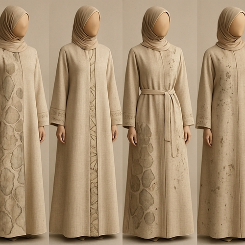 Create a modest two-piece linen abaya, the first of its kind, featuring a unique stone design that exudes a classy and sophisticated vibe. I’d like four designs, each showcasing different styles and fabrics. Incorporate high-end, unique chic stone designs to make them truly special. Add little sophisticated stone designs.