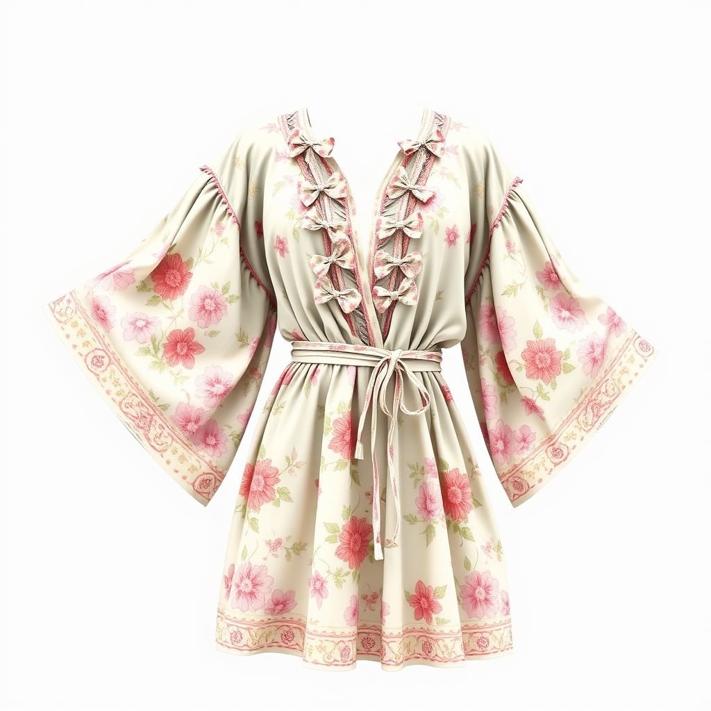 Cotton printed kaftan with lots Mini bows
Design a vintage-inspired cotton printed kaftan, reminiscent of the 1970s boho chic. Adorn it with an array of playful mini bows along the neckline and flowing sleeves, featuring intricate floral patterns in soft pastel hues. Incorporate wide bell sleeves and a cinched waist for a timeless, relaxed silhouette that celebrates retro elegance.