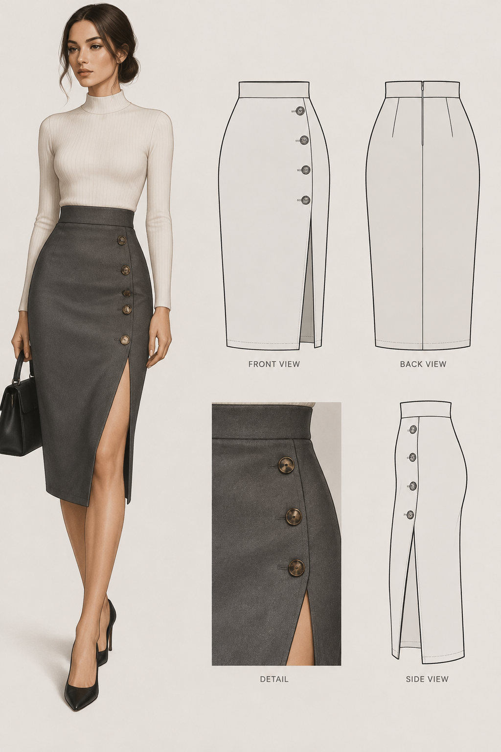 pencil skirt with a side slit, waist little bit higher and add buttons on the slide
pencil skirt with a side slit, waist little bit higher and add buttons on the slide
