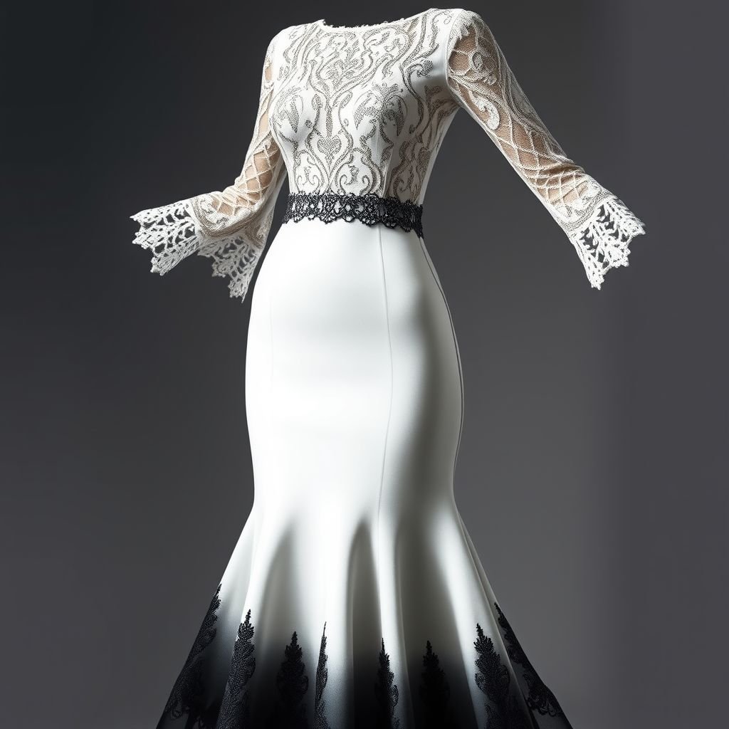 A white long body hugging dress that flares a bit just from the bottom of the knees all the way down and its dyed in black from the bottom up until the knees then a black laced design on the bodies and all the way to the arms and hands
Imagine a stunning white long body-hugging dress that elegantly flares from the knees down, creating a captivating silhouette. Dyed in an ombre black from the hem to the knees, intricate lace patterns weave across the bodice, gracefully extending to the sleeves. This avant-garde piece seamlessly blends elegance with a touch of edgy romance. Perfect for a sophisticated evening event.