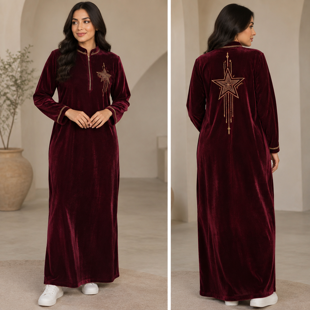A Female Kurta design, made of Velvet, with a sturdy, casual hand, in Elegant + Casual style, shown on a model with medium skin tone. مكتوب عليه استار فشون وعلي الضهر طبعه لي الاسم بس بي شكل جمالي. Egypt fashion aesthetics. Present it as professional fashion catalogue photography: the garment is the subject, shown full-length with editorial styling, neutral posing and tasteful, non-suggestive framing.
photorealistic fashion design, A Female Kurta design, made of Velvet, with a sturdy, casual hand, in Elegant + Casual style, shown on a model with medium skin tone. مكتوب عليه استار فشون وعلي الضهر طبعه لي الاسم بس بي شكل جمالي. Egypt fashion aesthetics. Present it as professional fashion catalogue photography: the garment is the subject, shown full-length with editorial styling, neutral posing and tasteful, non-suggestive framing., elegant style, just the design no text